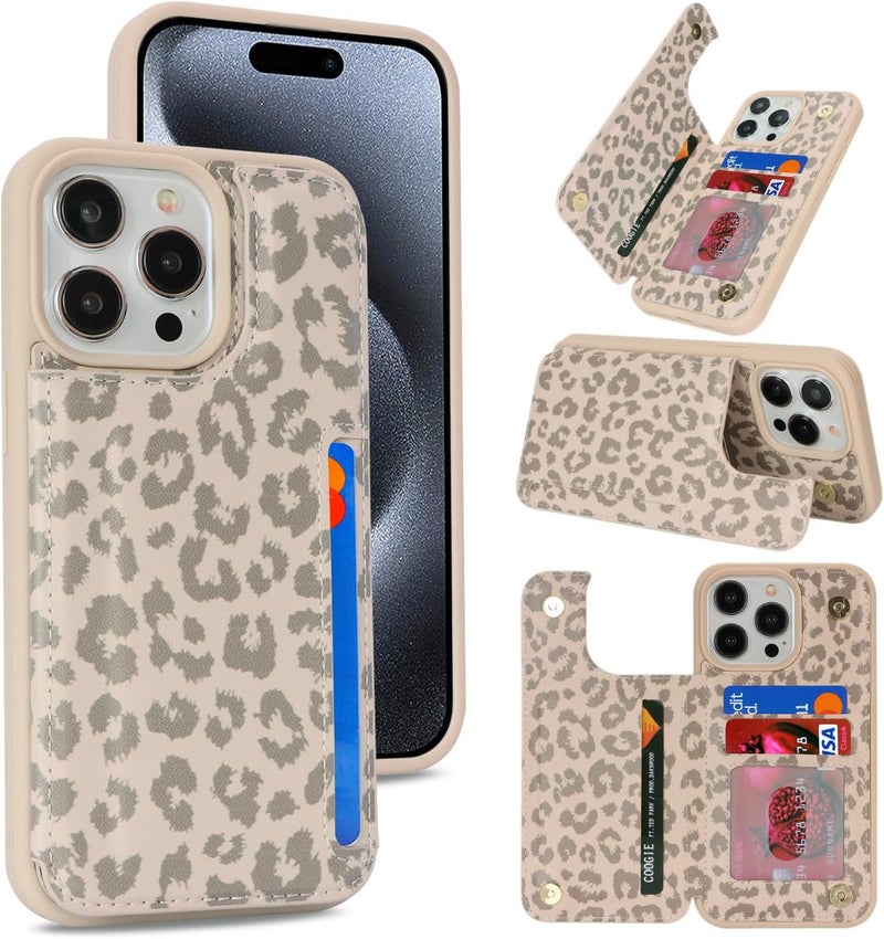 iCoverCase Compatible with iPhone 15 Pro Wallet Phone Case with Card Holder for Women Men, [RFID Blocking] Card Slots PU Leather Protective Wallet Case 6.1 Inch (Beige Leopard) - Image 1